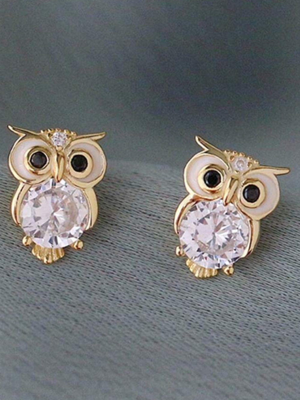 Gold Owl Crystal Stud Earrings with Black Eye Accents